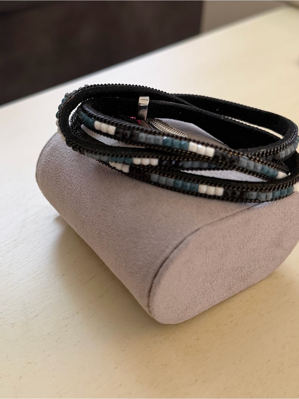 Beaded Wrap Bracelet in Black, Blue & White